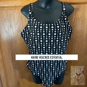 Islander Black One Piece Swimsuit with White Polka Dots, Sz 18
